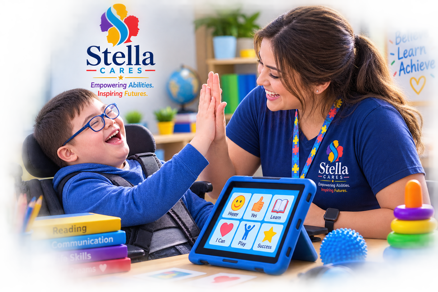 A child and educator celebrating a learning moment